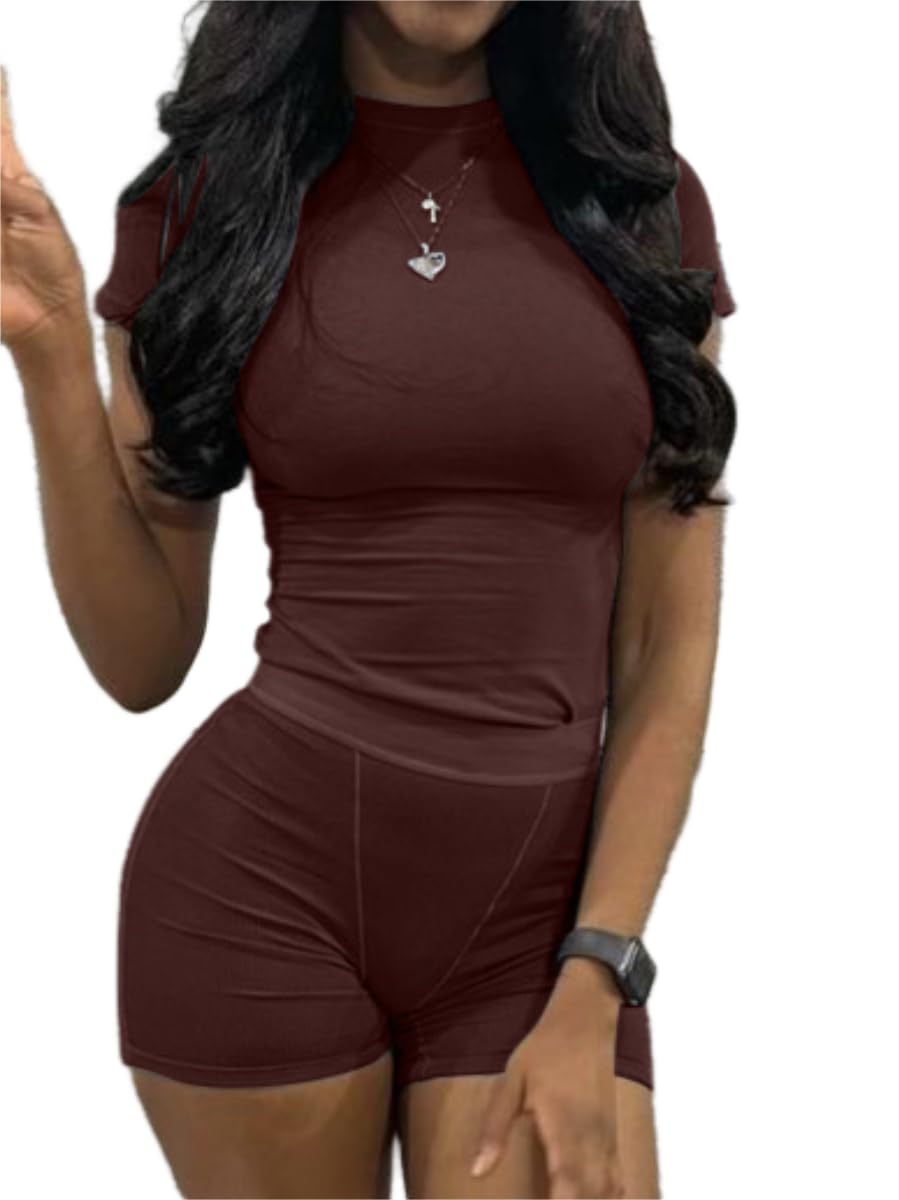 AYWA Two Piece Outfits for Women Fitted Crew Neck T-shirt High Waist Leggings Biker Shorts Matching Sets Streetwear