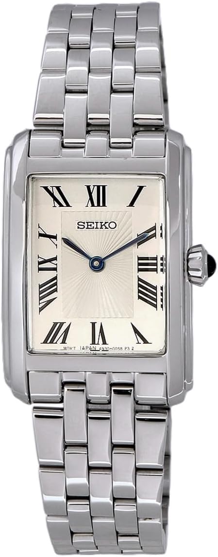 Seiko SWR083 Rectangular Watch - Essentials Collection - Roman Numeral Dial, Blue Hands, Stainless Steel Bracelet, and 50m Water Resistance