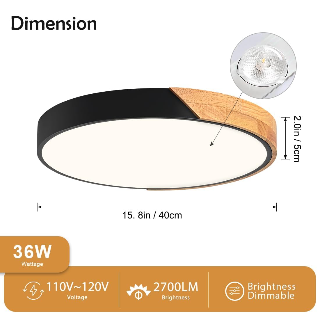 Modern LED Ceiling Light, Minimalist Wood Dimmable Flush Mount Ceiling Light Fixture, Round 5CCT Lighting Lamp with Acrylic Lampshade for Bedroom Hallway Kitchen Laundry, Black 11.8"
