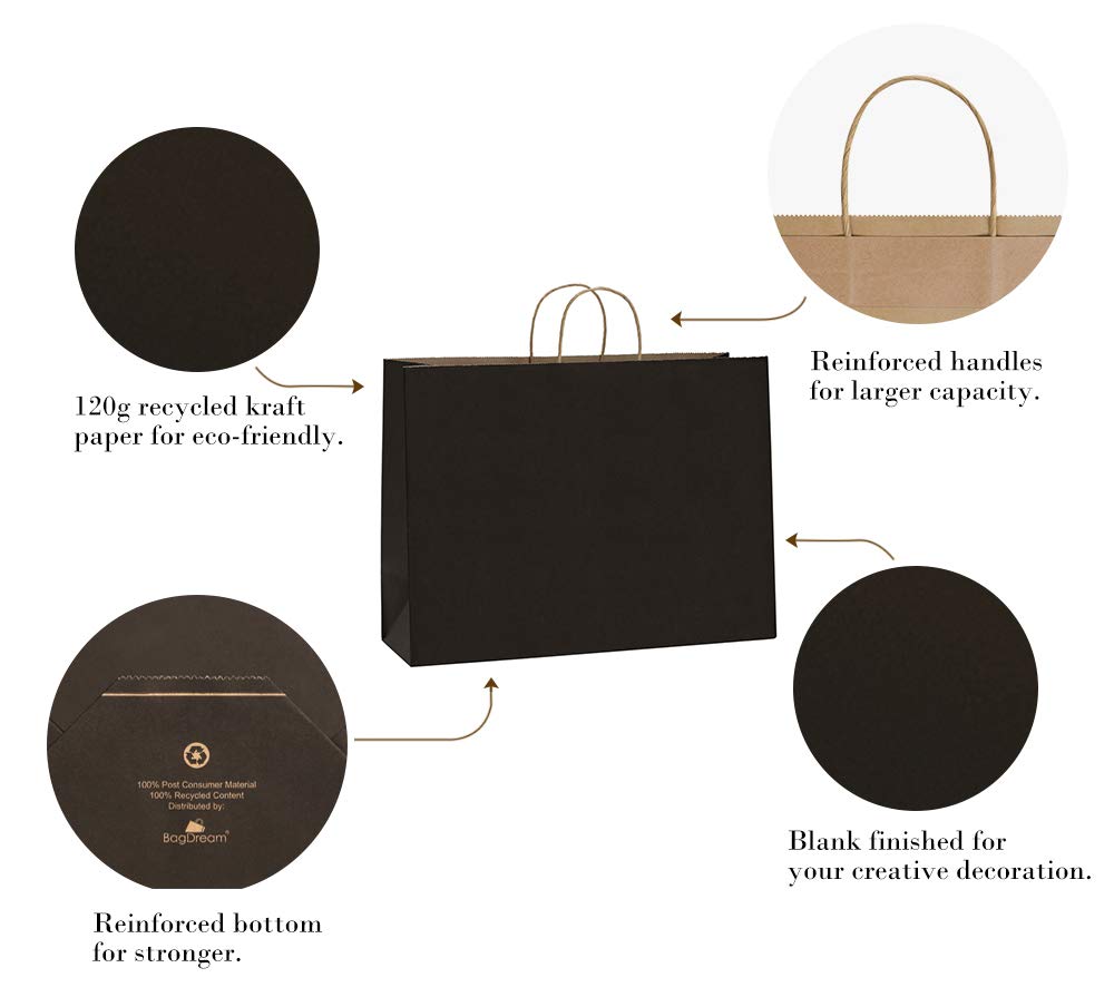 BagDream 100Pcs 16x6x12 Inches Kraft Paper Bags with Handles Bulk, Large Shopping Bags for Gifts, Grocery, Merchandise, Party Favor, Take-out, Recycled Black Black Paper Sacks