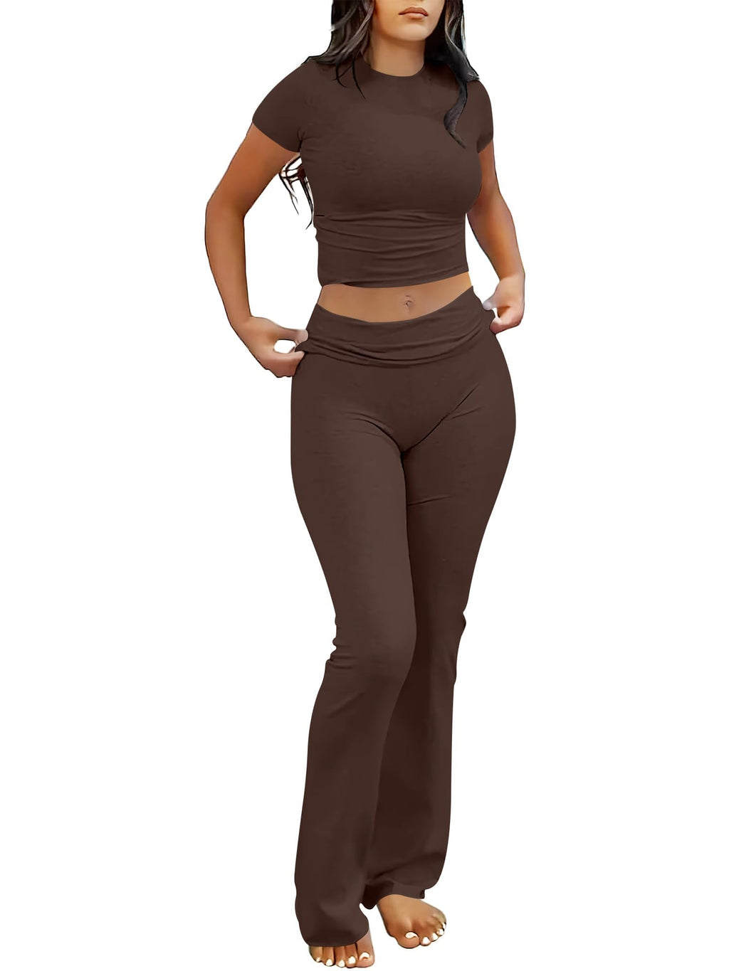ANRABESS 2 Piece Lounge sets for Women | Soft Comfy Stretchy, Crop Top & Foldover Flare Leggings, Yoga Workout Matching Outfits, Trendy Y2k, Summer Wear Fall Layer