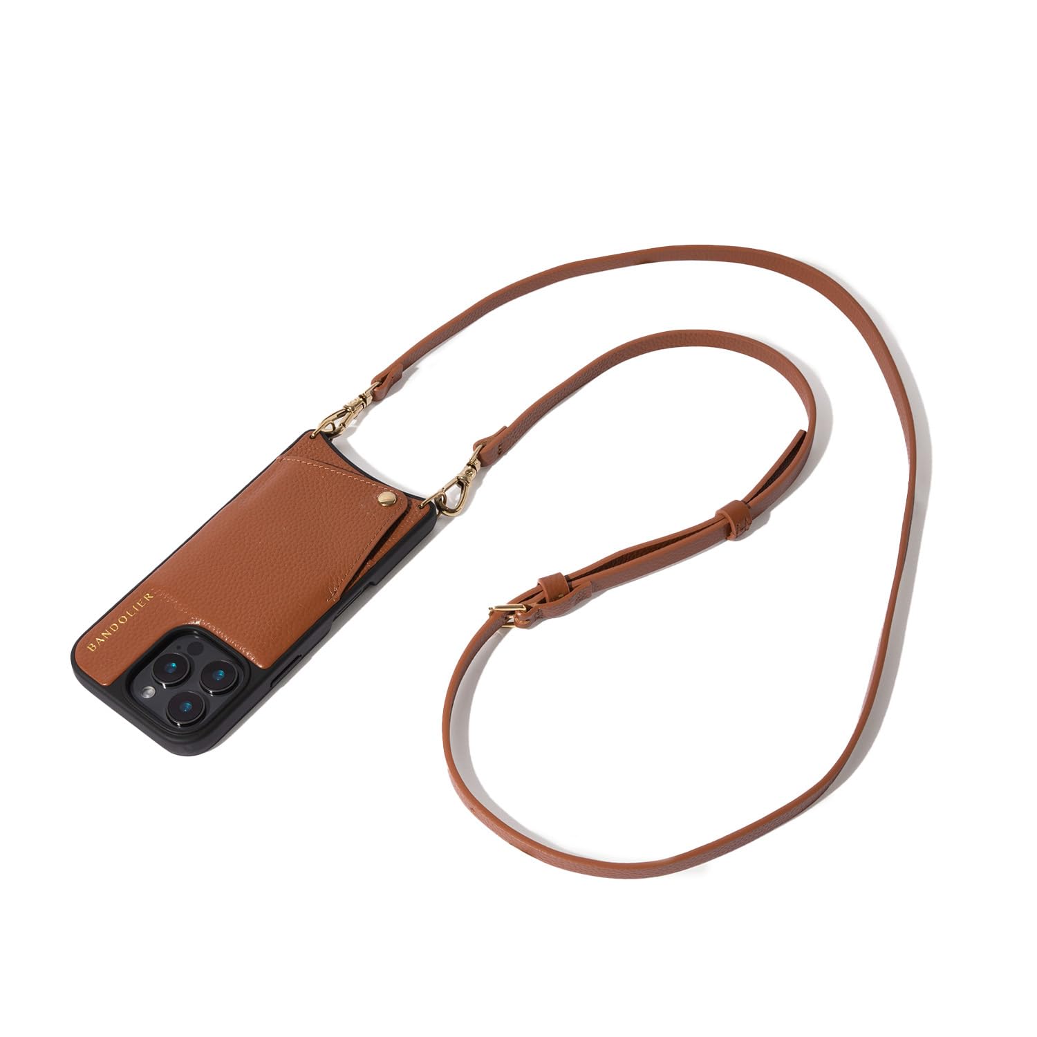 Bandolier Emma Crossbody Wallet Phone Case for iPhone 15 Pro Max. 100% Genuine Pebble Leather. Adjustable & Removable Crossbody Strap. Card Holder with Snap Closure. Black with Gold Hardware
