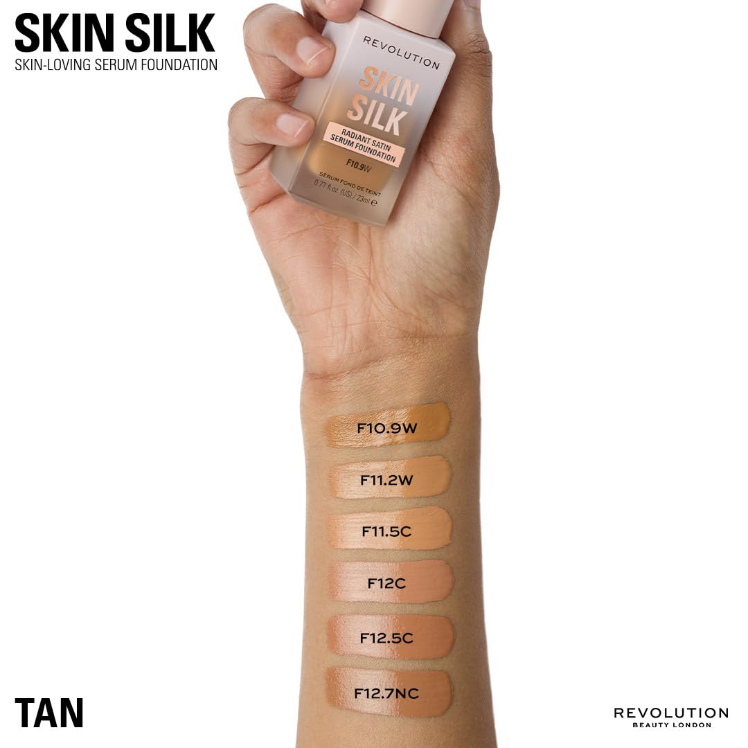 Revolution Skin Silk Radiant Satin Serum Foundation, Buildable Coverage with Hydrating Hyaluronic Acid for a Natural Finish, Vegan & Cruelty-Free, F0.5C Fair Skin Tones, 0.77 fl oz