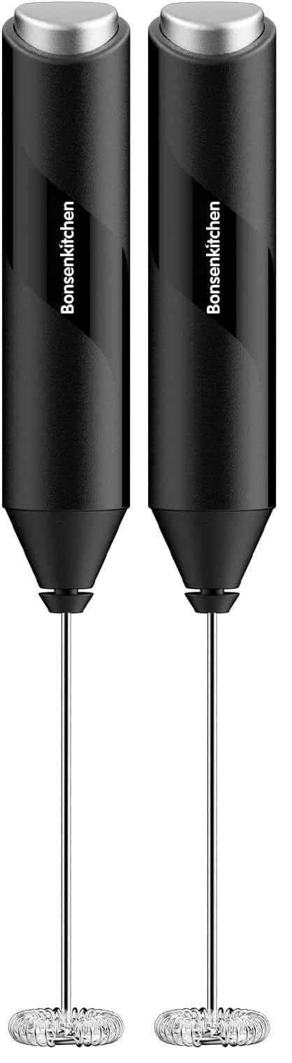 Bonsenkitchen Powerful Milk Frother for Coffee, Fast Handheld Drink Mixer with Stainless Steel Whisk, Battery Operated Hand Frother Stirrer Wand-Black