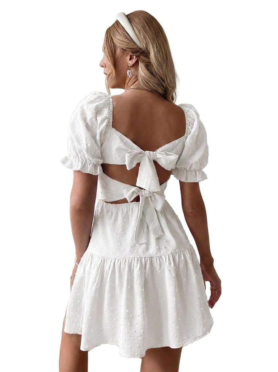 Narecte Summer Dresses for Women 2026,Tie Backless Swiss Dot Mini Dress,Ruffle Hem Flowy Casual Dresses