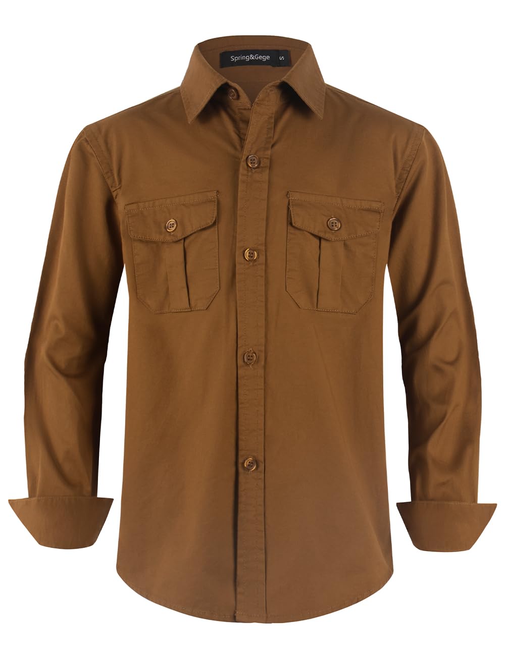 Spring&Gege Boys' Long Sleeve Button Down Shirt for Kids Woven Solid Two Pockets