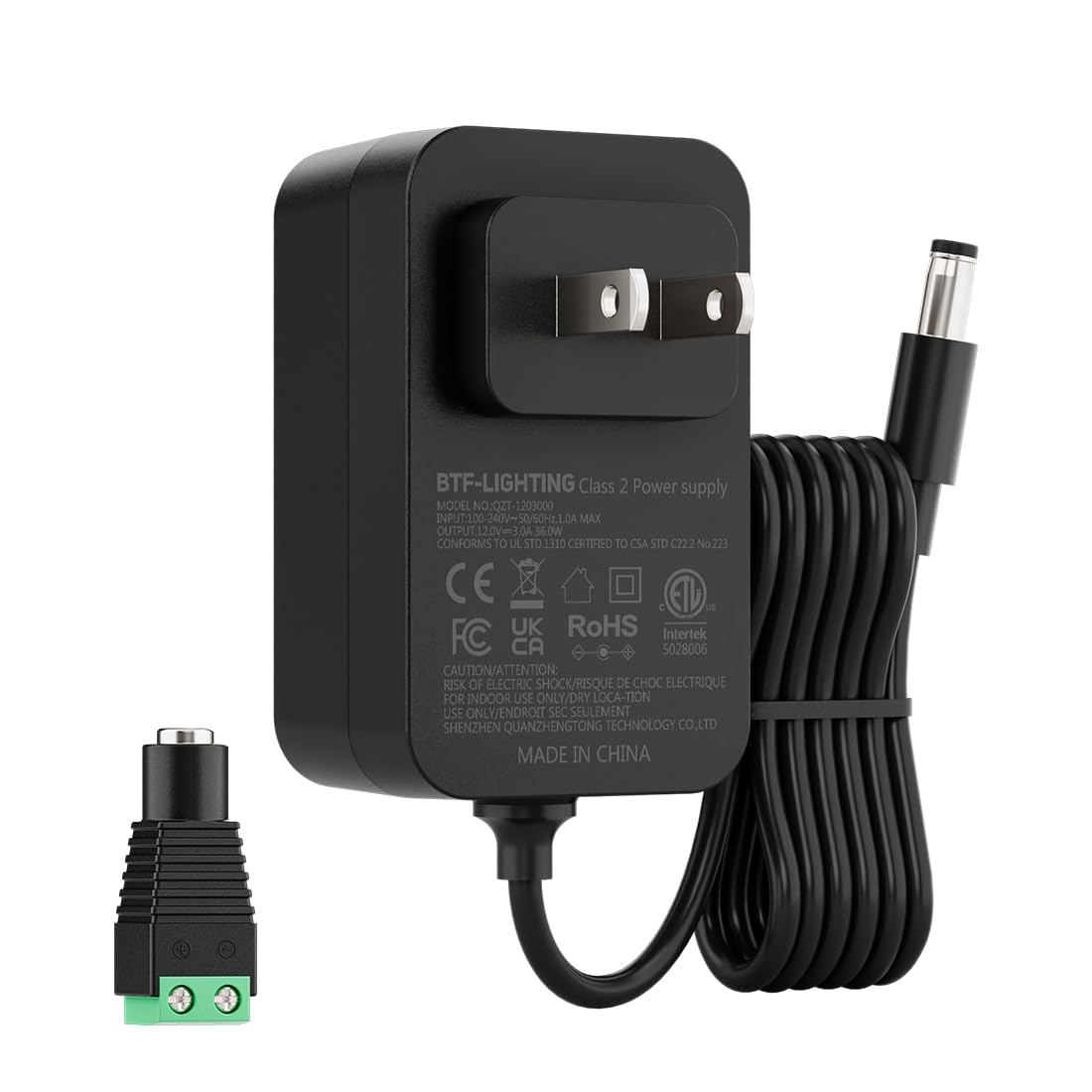 BTF-LIGHTING 12V 3A 36W Power Supply Adapter ETL Listed 100-240V AC to 12V DC Converter Class 2 Power Supply, 5.5x2.1mm Jack for Low Voltage LED Strip Lights, CCTV, Router, Electronics