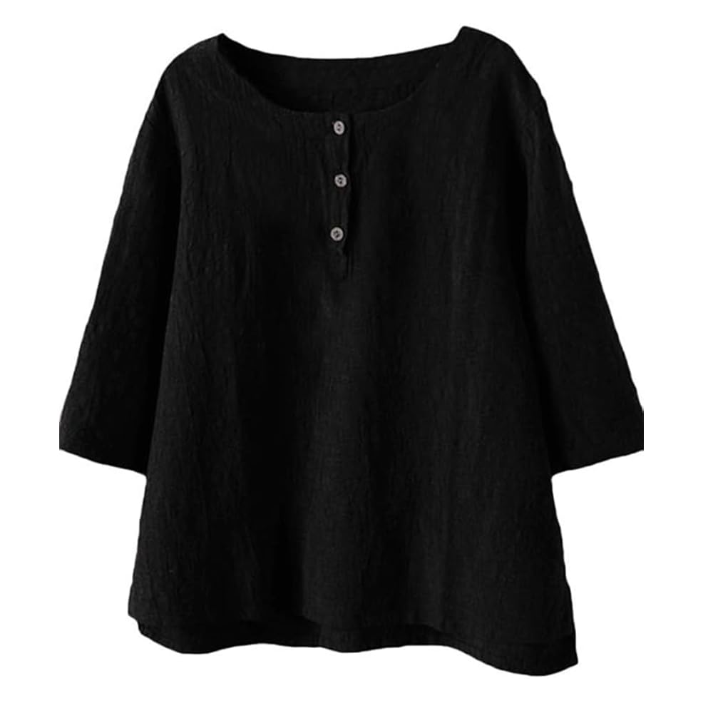 Minibee Women's 3/4 Sleeve Cotton Linen Jacquard Blouses Top T-Shirt