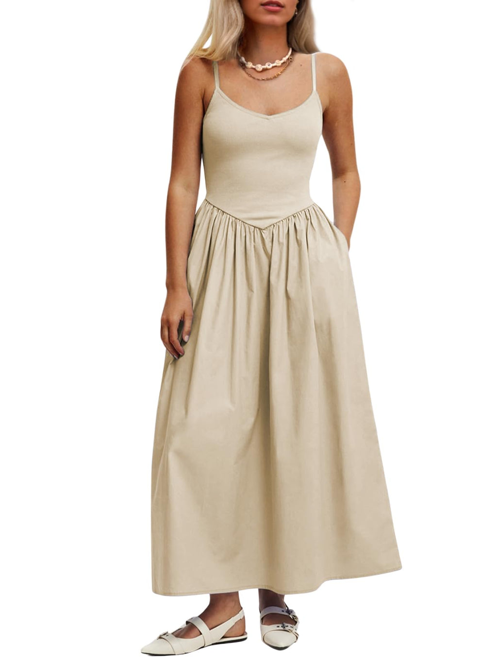Mieazom Women’s Sleeveless V-Neck Maxi Dress with Pockets – Slim Fit Casual Summer Spaghetti Strap Dress for Vacation