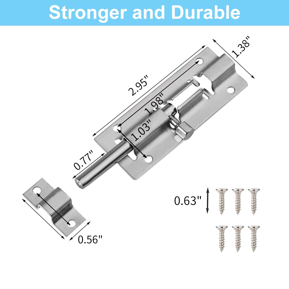 FATLODA 2 Pack Barrel Bolt Latch, 3 Inches Slide Latch Lock, Thickened Stainless Steel Sliding Locks for Door, Brushed Finish Sliding Bolt Lock Latches with 12PCS Screws