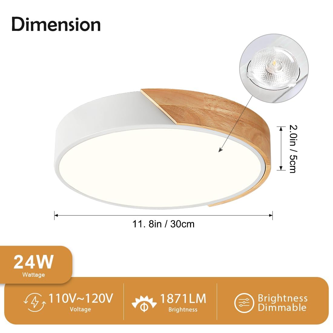 Modern LED Ceiling Light, Minimalist Wood Dimmable Flush Mount Ceiling Light Fixture, Round 5CCT Lighting Lamp with Acrylic Lampshade for Bedroom Hallway Kitchen Laundry, Black 11.8"