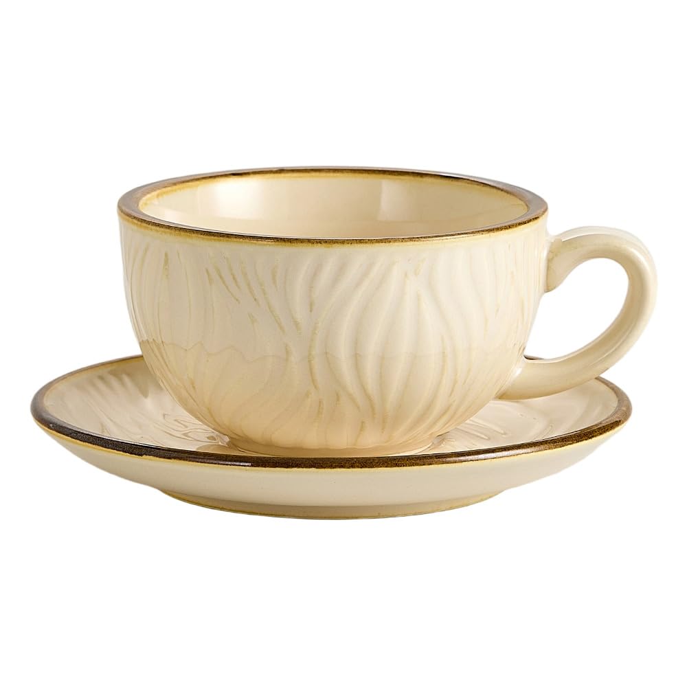 Coffeezone Vintage Design 12 oz Ceramic Latte Art Cappuccino Barista Cup with Saucer (Beige)