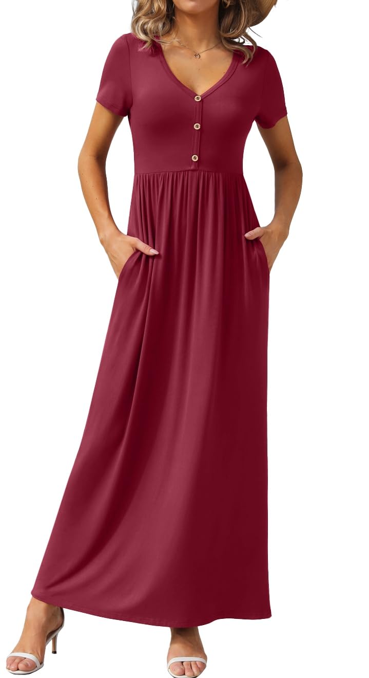 GRECERELLE Womens Summer Long Maxi Dresses 2026 Short Sleeve V Neck Casual Button Dress with Pockets
