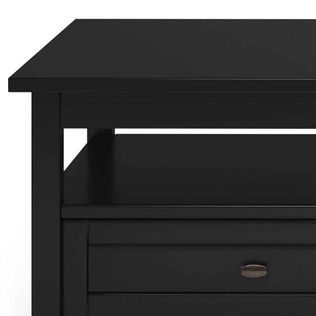 SIMPLIHOME Warm Shaker Coffee Table - 48 inch Wide Solid Wood Coffee Table in Black, Transitional Living Room Table with 2 Drawers, Open Shelf, Shaker Fronts and Tapered Legs