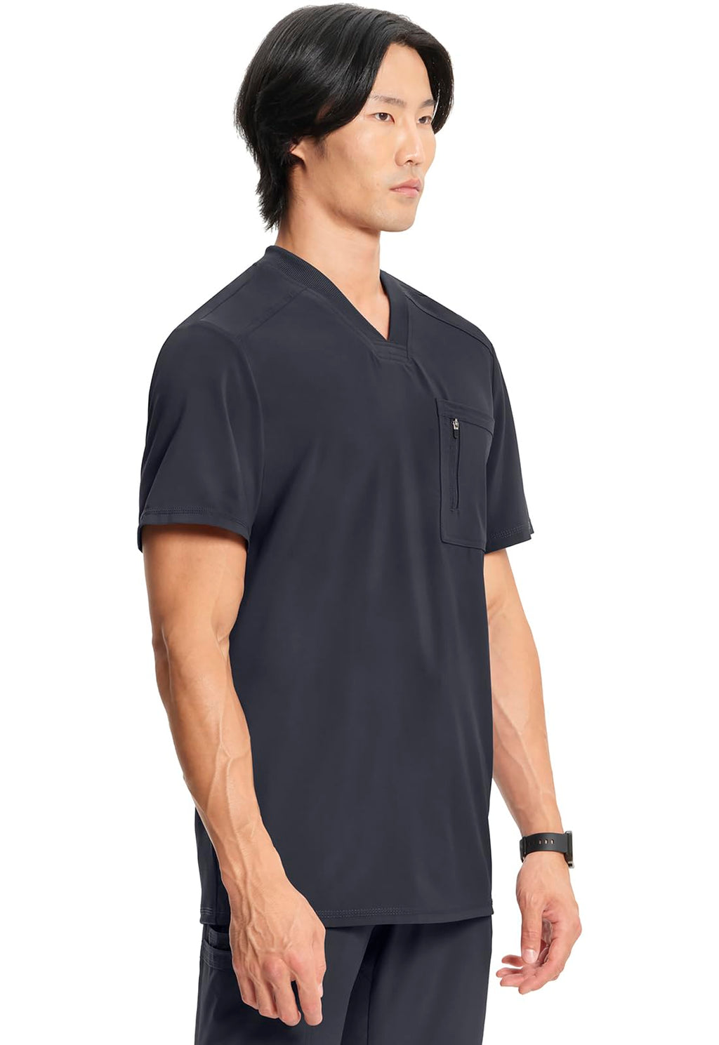 Cherokee Infinity Mens Tuckable V-Neck Scrub Top Modern Fit, 2 Pockets, Zip Chest Pocket, Rib-Knit, 360° Stretch – CK910A