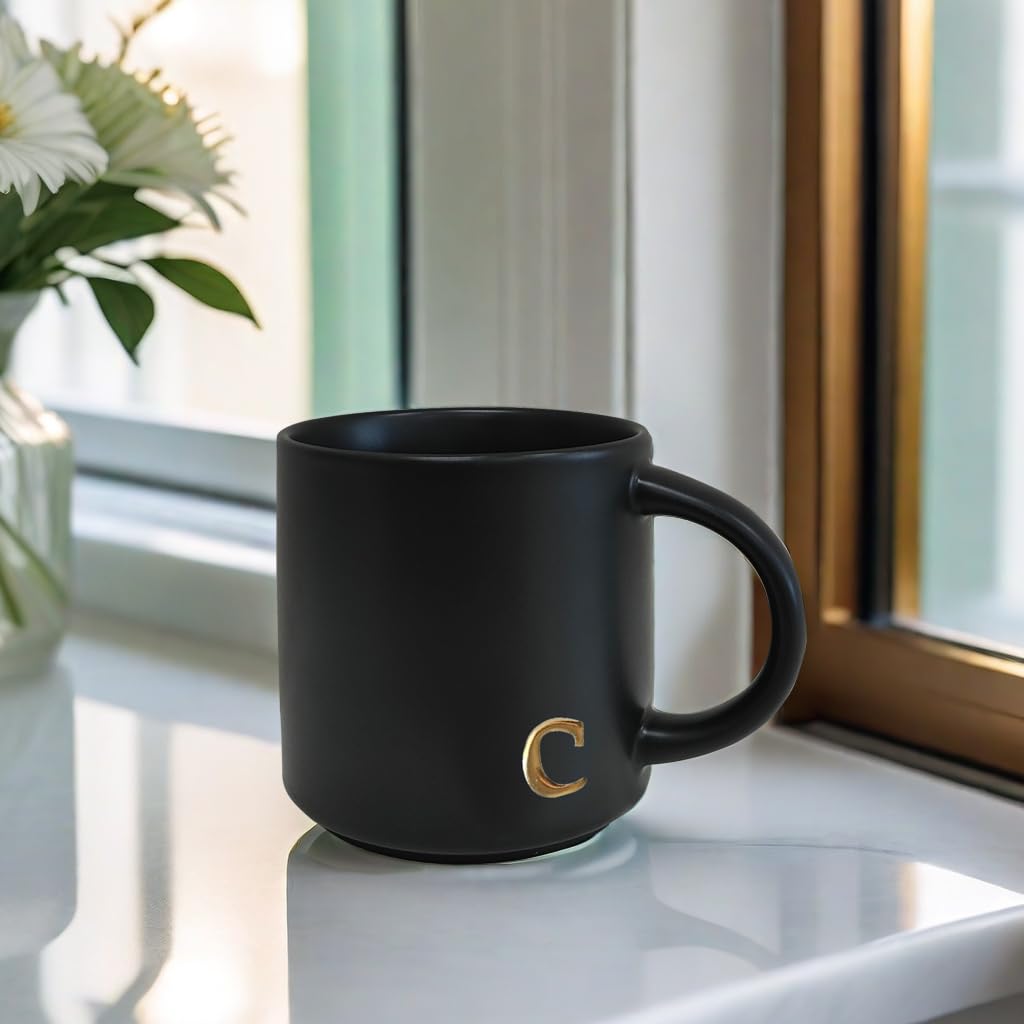 COLLECTIVE HOME - Black Monogram Ceramic Mugs, 15 oz Golden Initial Coffee Cups, Elegant Alphabet Tea Mugs, Personalized Halloween Mug with Gift Box, Perfect for Office and Home Décor (a)