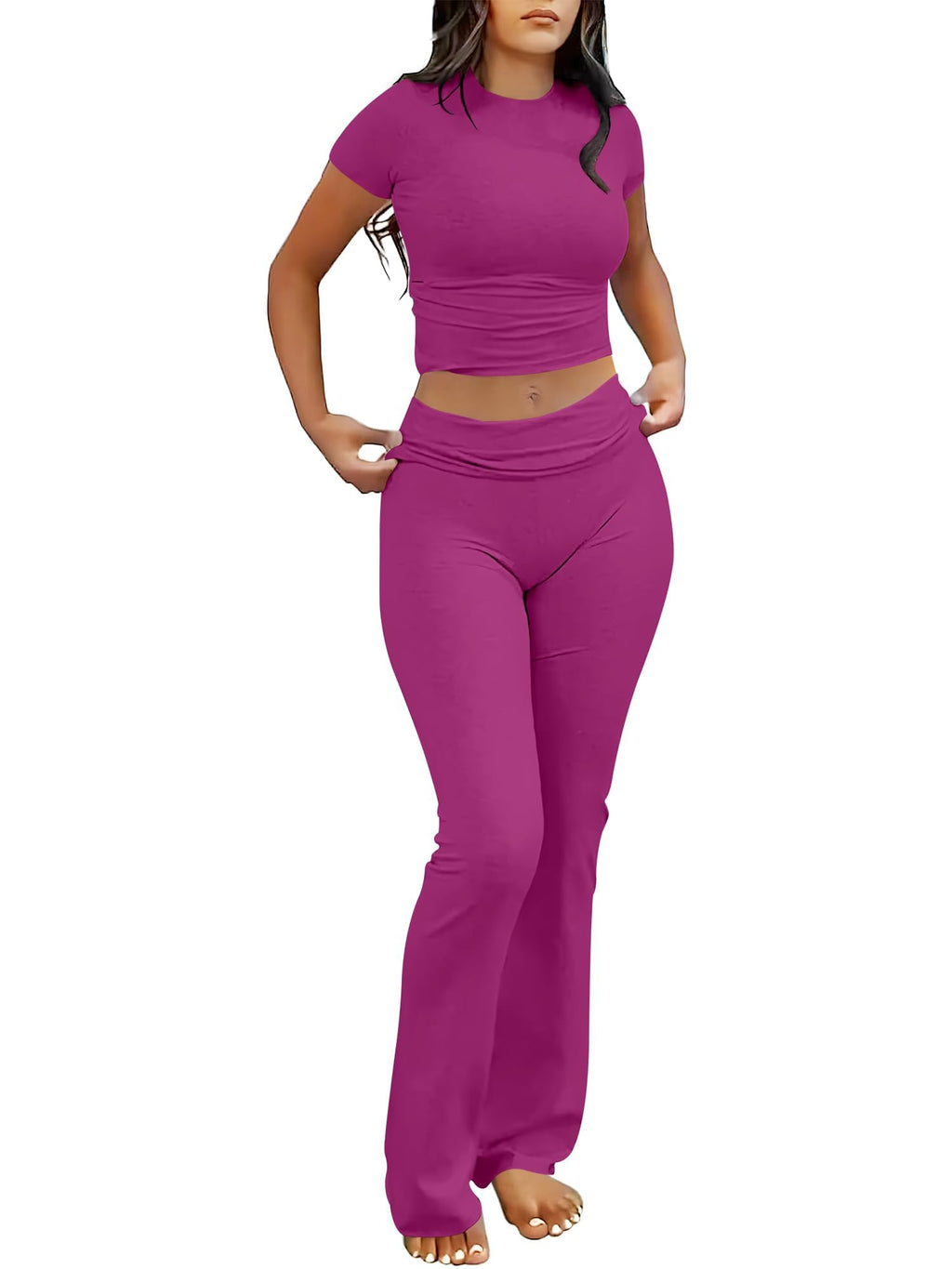 ANRABESS 2 Piece Lounge sets for Women | Soft Comfy Stretchy, Crop Top & Foldover Flare Leggings, Yoga Workout Matching Outfits, Trendy Y2k, Summer Wear Fall Layer