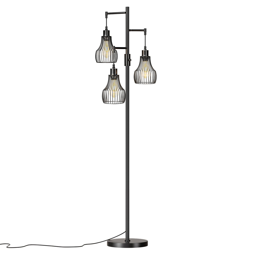 Ziisee Dimmable Floor Lamps for Living Room, Industrial Tree Standing Tall Lamps with 3 Elegant Cage Shade & 800 Lumens LED Bulbs for Bedroom Office - Brown