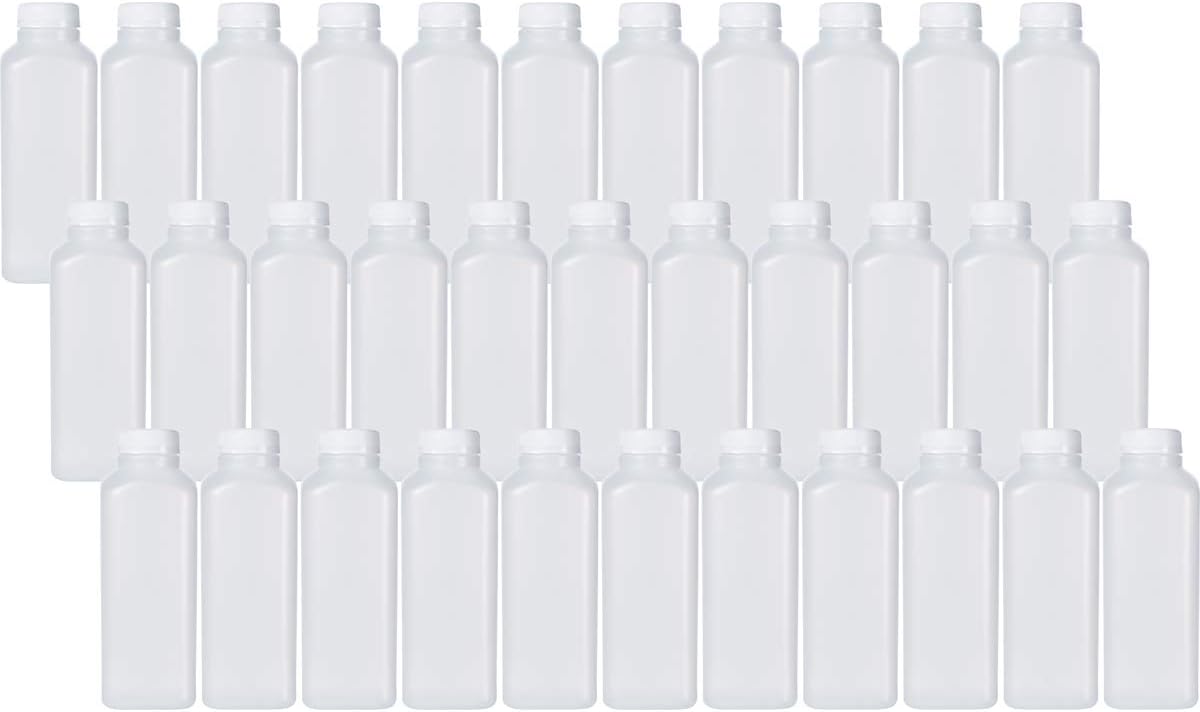 Soymerica 16 Oz Empty Plastic Juice Bottles with Tamper Evident Caps – 33 Pack Drink Containers - Great for Homemade Juices, Milk, Smoothies, Tea and Other Beverages - Food Grade BPA Free