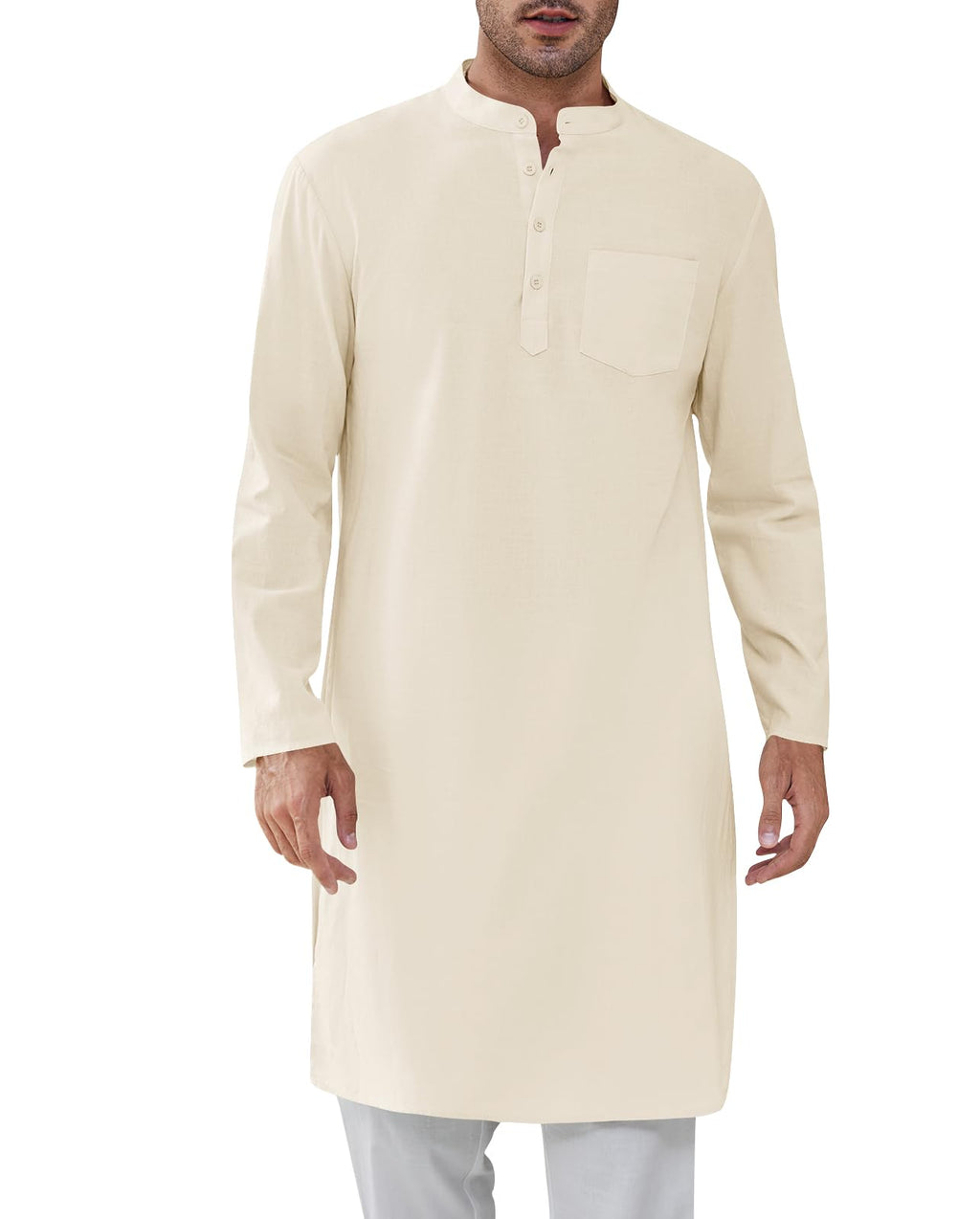 Gafeng Mens Kaftan Robe Button Down Long Sleeve Henley Cotton Thobe Casual Side Split Gown Shirt