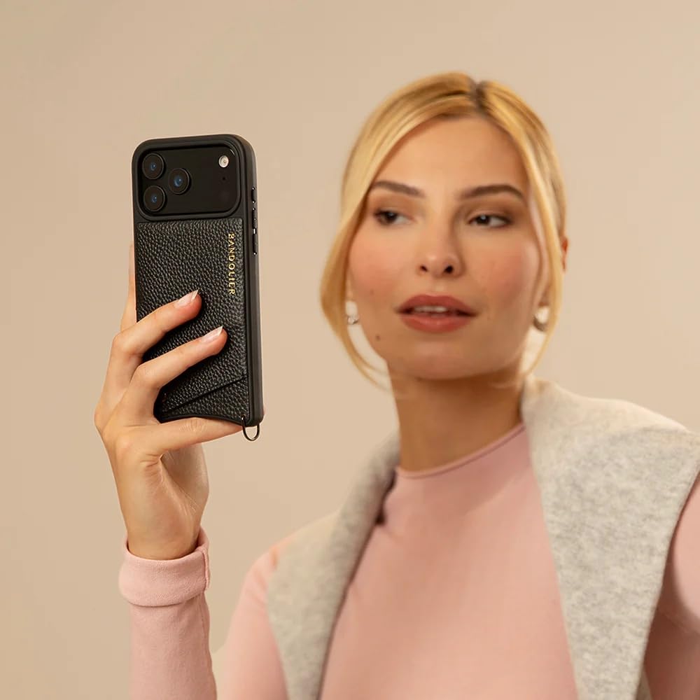Bandolier Emma Crossbody Wallet Phone Case for iPhone 15 Pro Max. 100% Genuine Pebble Leather. Adjustable & Removable Crossbody Strap. Card Holder with Snap Closure. Black with Gold Hardware