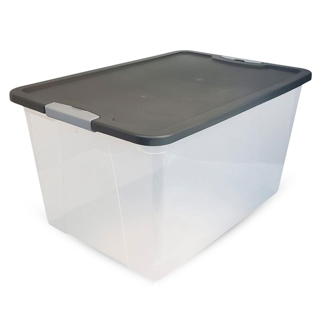 HOMZ 4-Pack Secure Latch, Clear Plastic Storage Organizer Bins, 15 Quart, Gray Lid - Stackable Container Boxes for Bedroom, Bathroom, Garage, and Office Organization