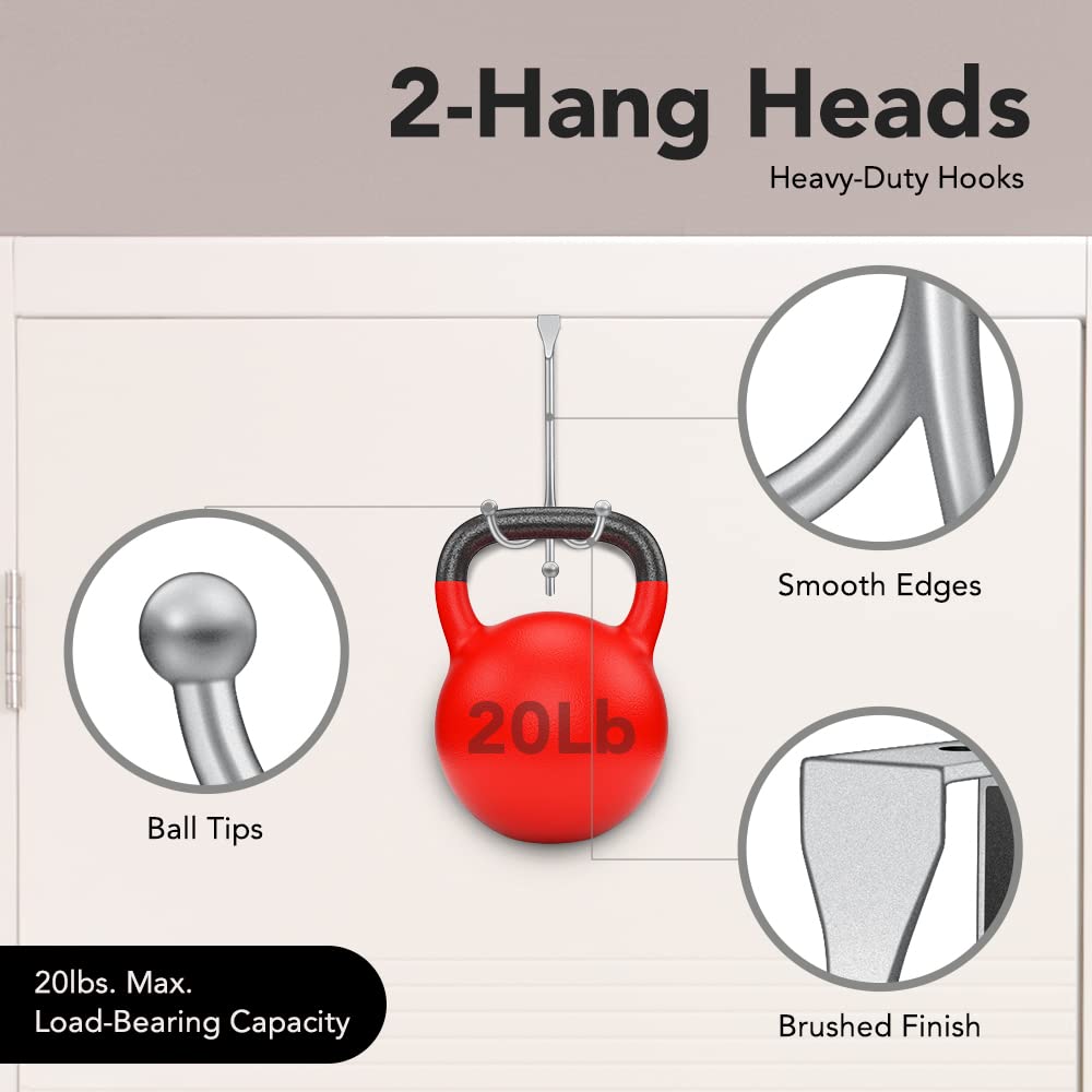 2-Pack Over The Door Hooks - with 2 Hang Heads & Snug Fit Pads Heavy Duty Hook for Hanging Coats, Towels, Caps & Robes - Elegant Matt Finish - No Drill Hanger Organizer - Black