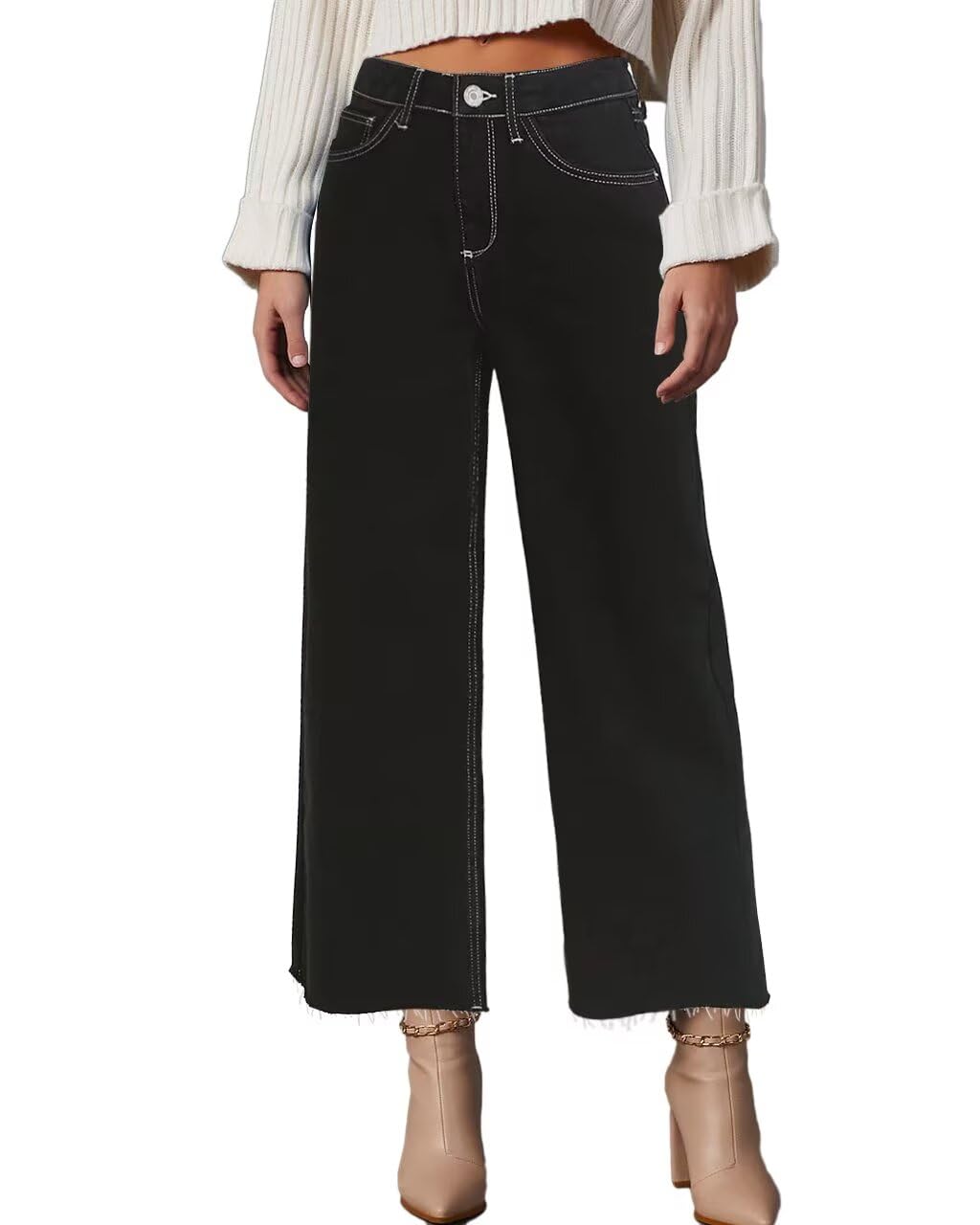 Allimy Women's High Waisted Straight Ankle Wide Leg Ripped Jeans Frayed Hem Stretchy Capri Denim Pants
