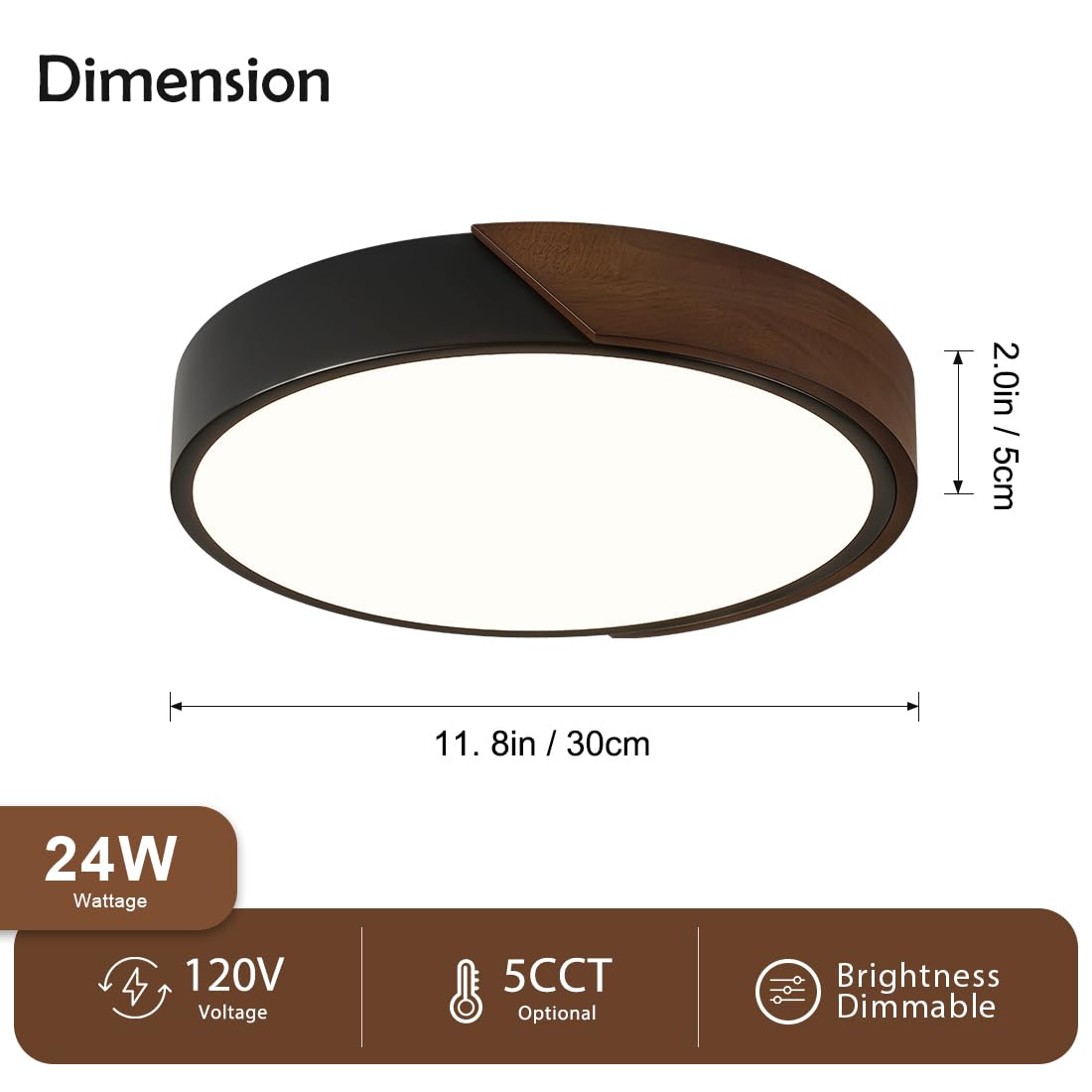 Modern LED Ceiling Light, Minimalist Wood Dimmable Flush Mount Ceiling Light Fixture, Round 5CCT Lighting Lamp with Acrylic Lampshade for Bedroom Hallway Kitchen Laundry, Black 11.8"