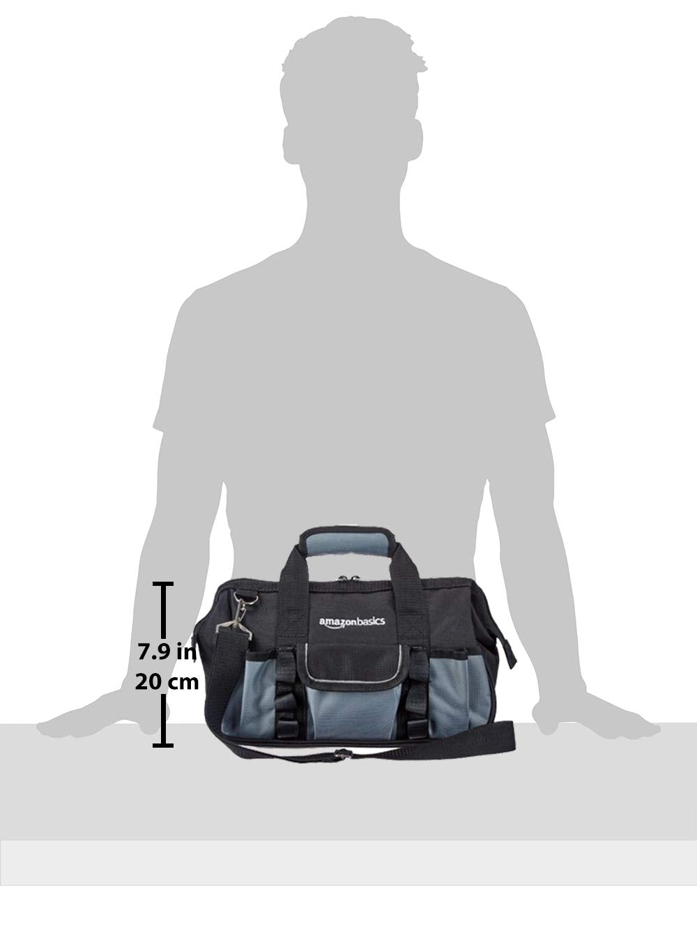 Amazon Basics Durable Wear-Resistant Tool Storage Bag with Adjustable Shoulder Strap, Portable Tool Organizer, 16 Pockets, 12 in, Black & Gray