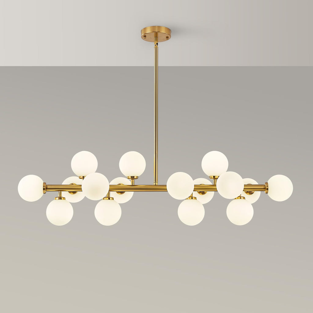 Modern Linear Chandeliers for Dining Room, 8-Light Globe Sputnik Pendant Ceiling Light, Black Dining Room Light Fixture Over Table, Mid Century Glass Milk White Bubble, 31.5 Inch, GC-09