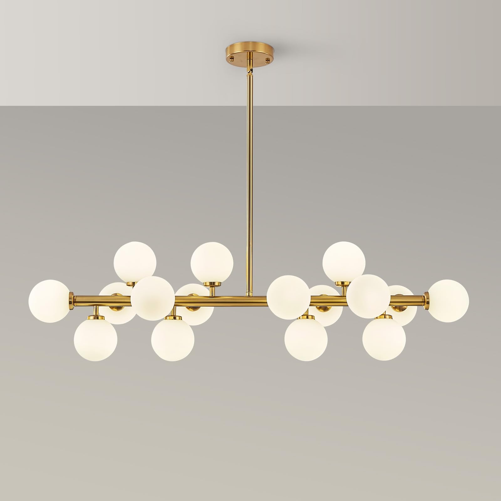 Modern Linear Chandeliers for Dining Room, 8-Light Globe Sputnik Pendant Ceiling Light, Black Dining Room Light Fixture Over Table, Mid Century Glass Milk White Bubble, 31.5 Inch, GC-09