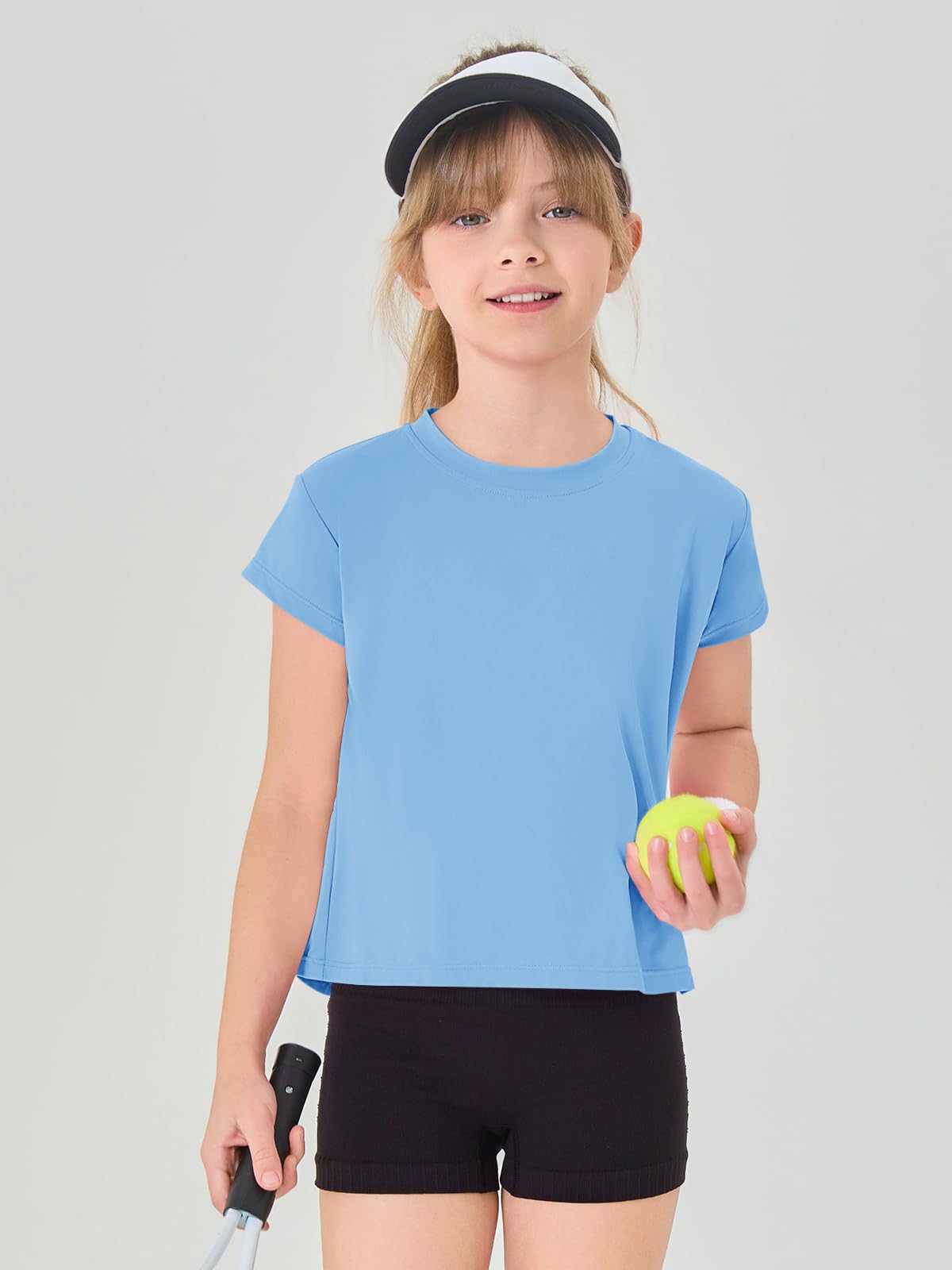 Haloumoning Girls Loose Athletic Shirts Short Sleeve Crop Tops Kids Quick Dry Gym Yoga Tees 5-14 Years