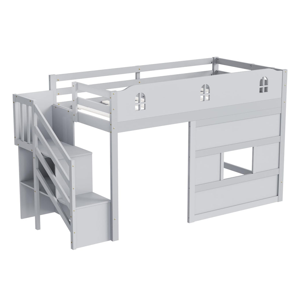 JOYMOR Low Loft Bed Twin Size with LED Lights, 4 Storage Shelves, Removable Curtain, Kids Wood Loft Bed with 15" H Safety Guardrail, Spave Saving, Mattress Not Included (Gray)