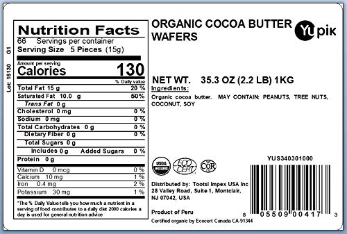 Yupik Organic Cocoa Butter Wafers, 2.2 lb (35.2 oz), Vegan, Gluten-Free, GMO-Free, Dairy-Free, Kosher, Pure Cocoa Butter, No Additives, Melts Smoothly, Ideal for Baking, Snacking, Molding & Topping