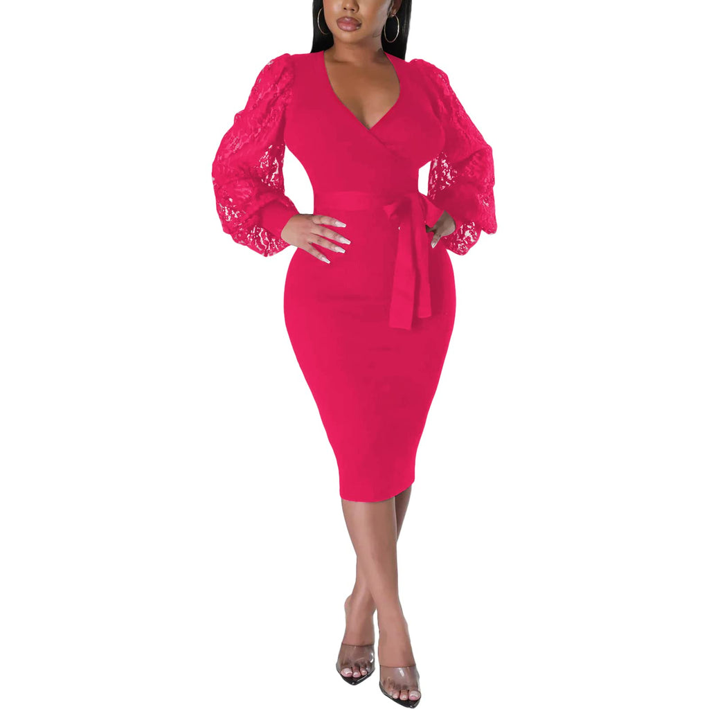 BOGURST Semi Formal Church Dresses for Women Bishop Sleeve Sexy V Neck Bodycon Midi Dresses