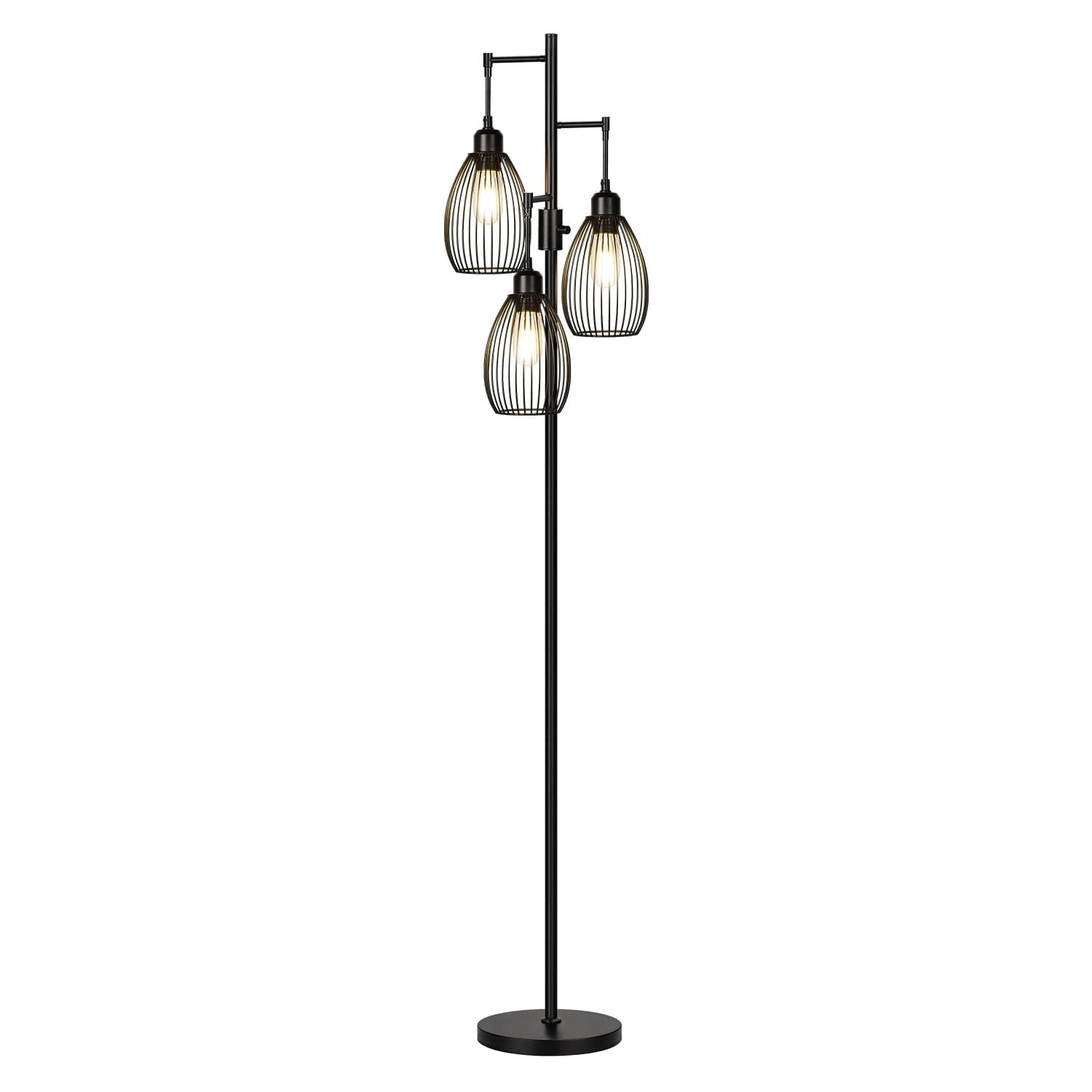 Dimmable Floor Lamp, 3 x 800LM LED Edison Bulbs Included, Farmhouse Industrial Floor Lamp Standing Tree Lamp with Elegant Teardrop Cage Tall Lamps for Living Room Bedroom Office Dining Room-Brass