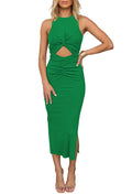 HUUSA Women's Sexy Sleeveless Cut Out Slim Bodycon Dress Crewneck Crisscross Twist Ruched Slit Ribbed Knit Tank Midi Dress