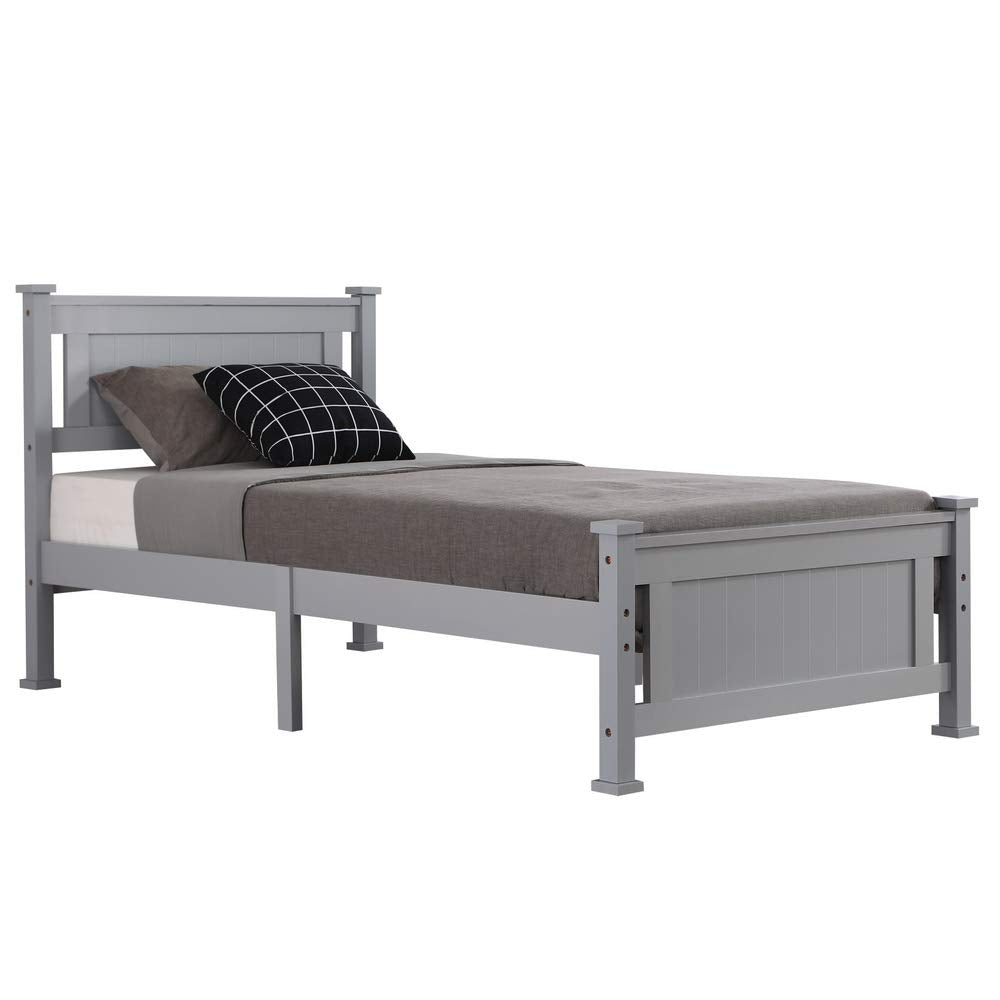 Bonnlo Twin Size Solid Wood Platform Bed Frame, Single Bed with Headboard, No Box Spring Needed Panel Bed, Wood Slat Support Mattress Foundation, White