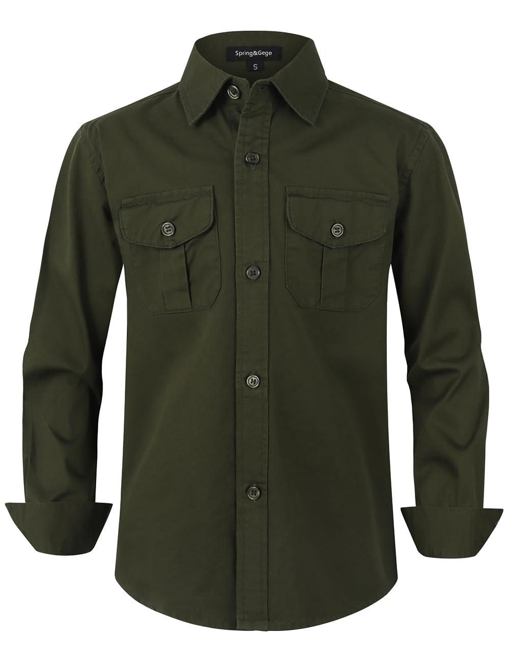 Spring&Gege Boys' Long Sleeve Button Down Shirt for Kids Woven Solid Two Pockets
