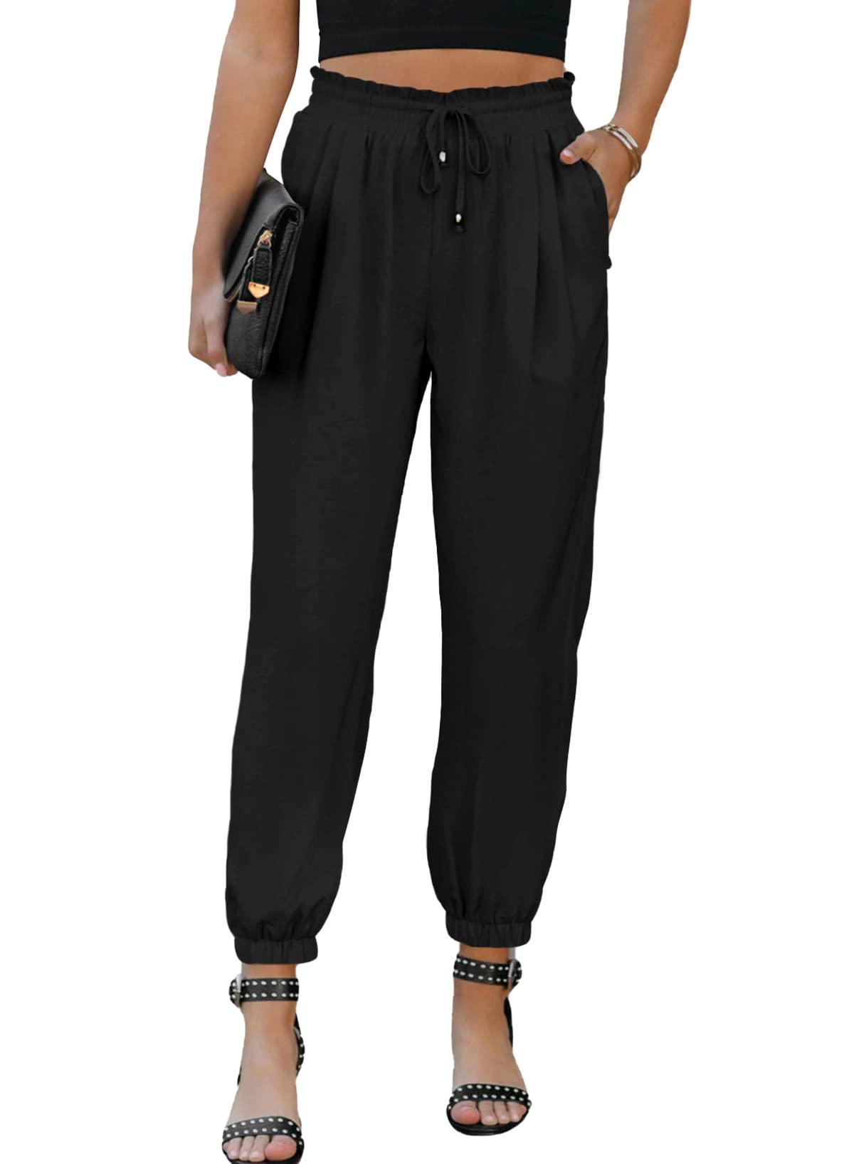 EVALESS Womens 2026 Summer Casual Pants Drawstring Elastic High Waisted Work Trousers Joggers Trendy Harem Pants with Pockets