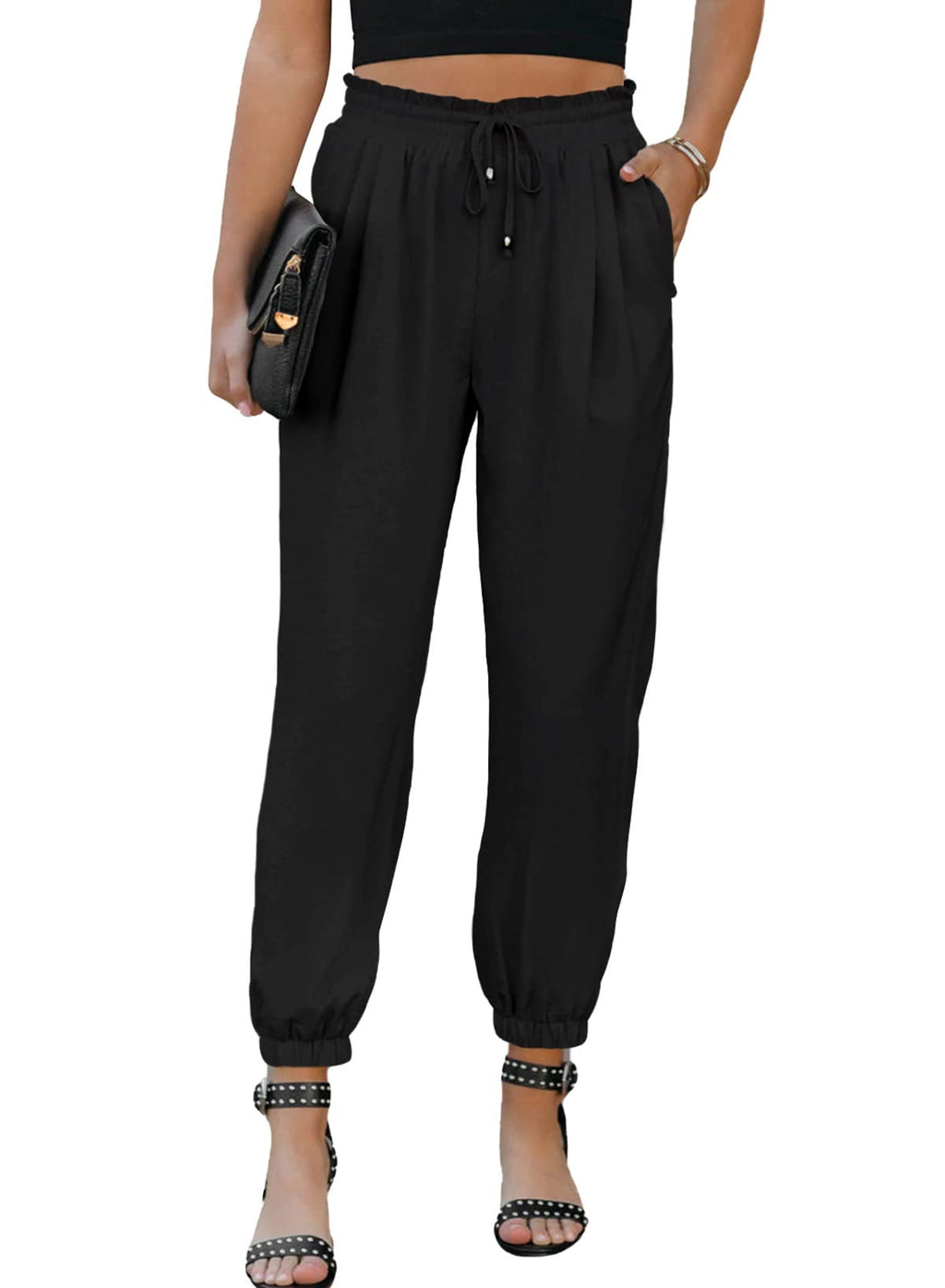 EVALESS Womens 2026 Summer Casual Pants Drawstring Elastic High Waisted Work Trousers Joggers Trendy Harem Pants with Pockets