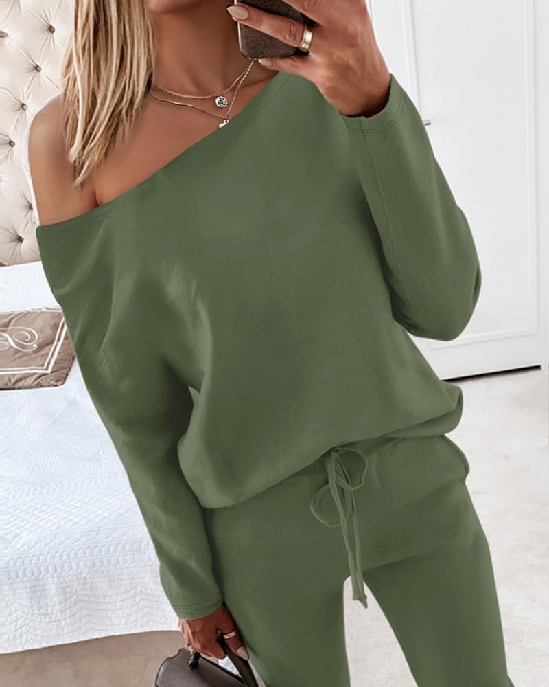 CHICME Women Tracksuit Fall 2 piece Outfits Off The Shoulder Long Sleeve Tops and Pants Set Travel Outfits