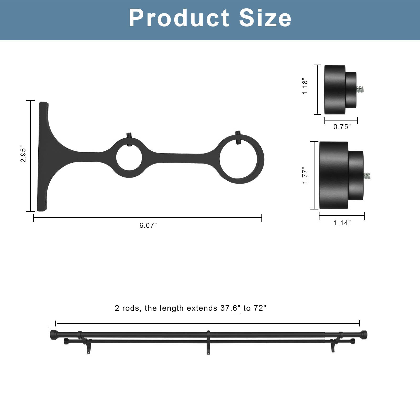 Heavy Duty Double Curtain Rods with Cylindrical Cap Finials - 36 to 72' Telescoping Rods, 1 Inch and 5/8 Inch Diameter, Light Gold