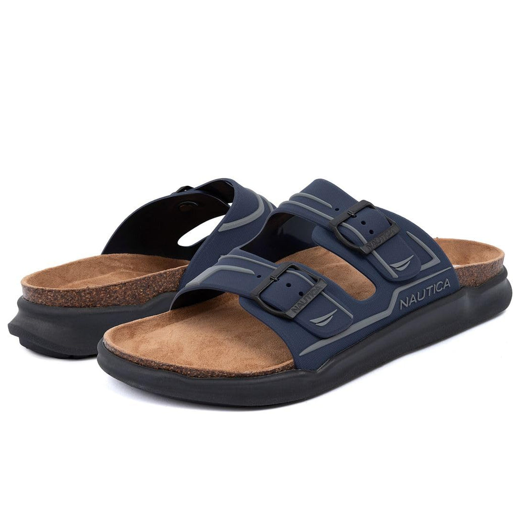 Nautica Men's Sandals - Casual Slides with 2 Adjustable Buckle Straps and Cork Footbed for Ultimate Comfort and Style (Regular/Wide Width, Big Size)