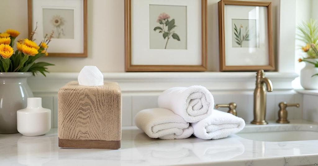 Hymmah Square Tissue Box Cover Holder with Tray,Unique Cube Design Tissue Dispenser Cover Decor for Vanity Counter Tops Also Great for Bedroom and Living Room