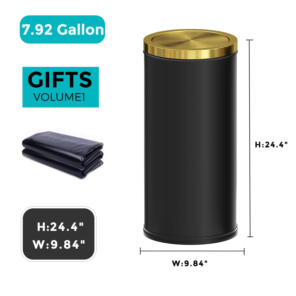 7.92 gallon/30L Kitchen Trash Can with Lid,Tall Slim,Elegant,Black,Brushed Stainless Steel Lgarbage Can for Office,Hotel,Kitchen (30Lblack)