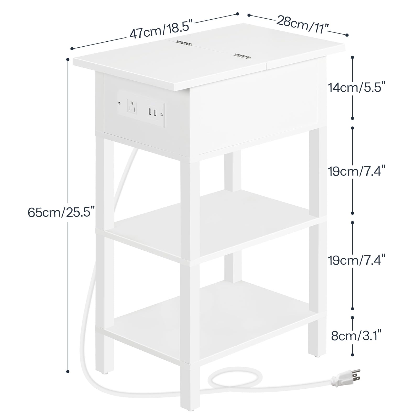 HOOBRO End Table with Charging Station, Flip Top Side Table with USB Ports, Narrow Nightstand Bedside Tables with Storage Shelves, for Small Space, Living Room, Black BK141UBZ01