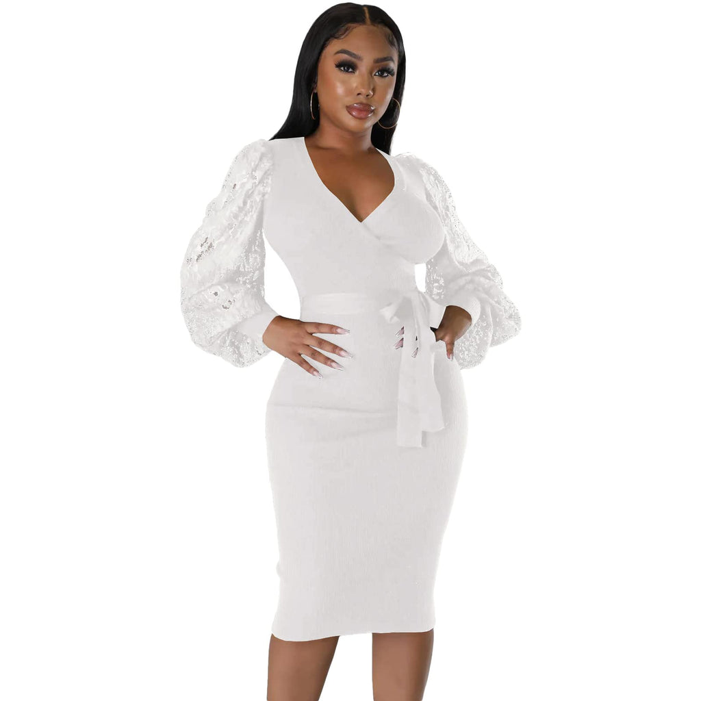 BOGURST Semi Formal Church Dresses for Women Bishop Sleeve Sexy V Neck Bodycon Midi Dresses