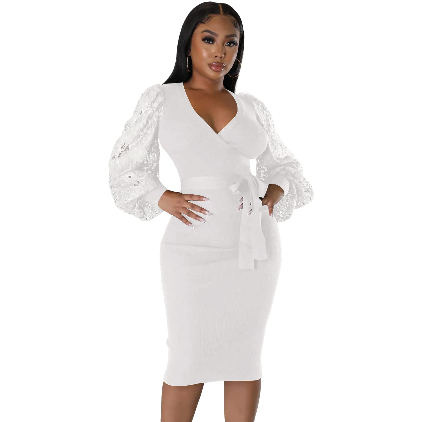 BOGURST Semi Formal Church Dresses for Women Bishop Sleeve Sexy V Neck Bodycon Midi Dresses